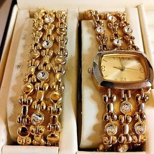 Christian Benet Gold Tone Crystal Watch and Bracelet Set in‎ Jewelry Box